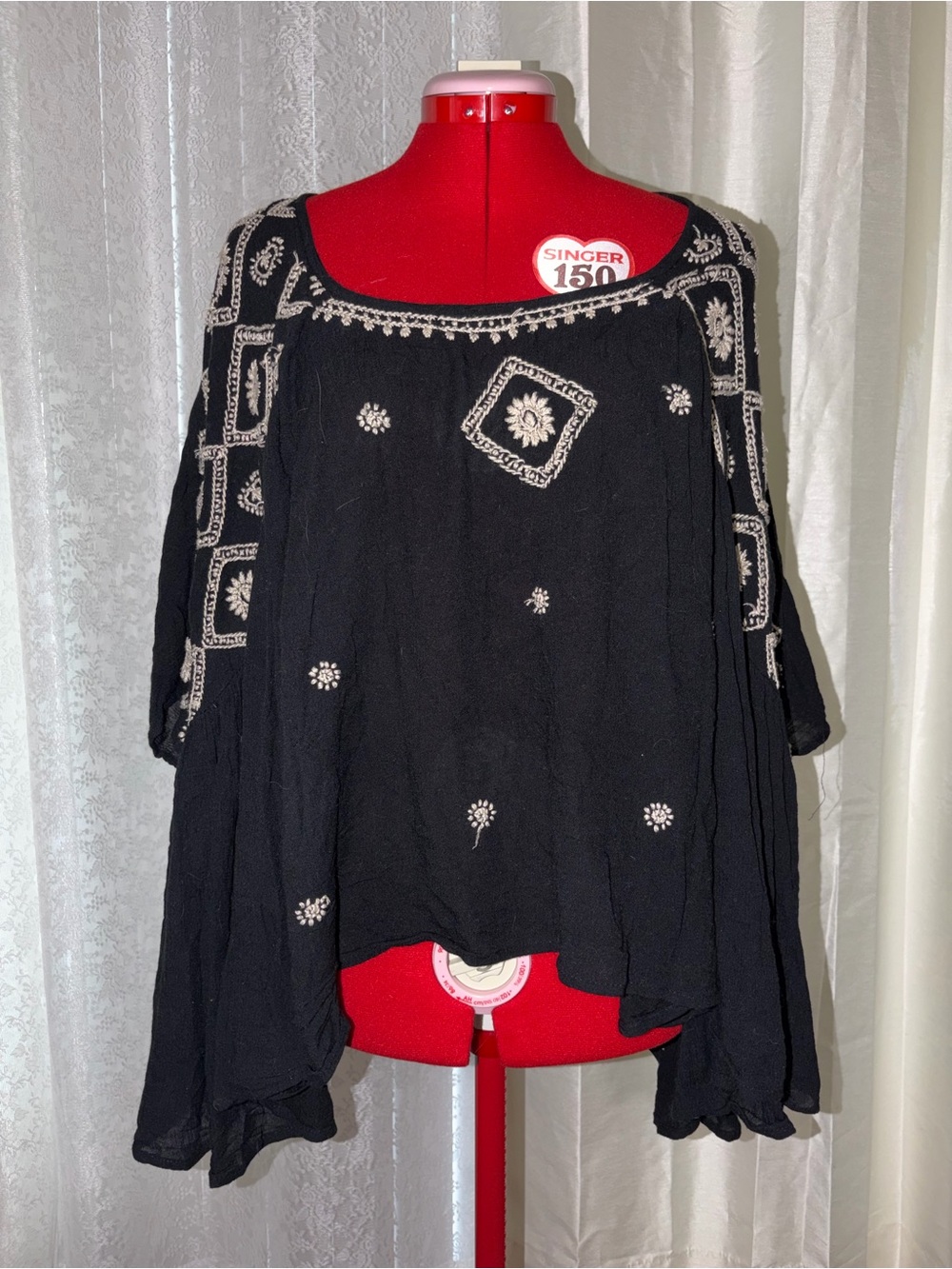 Cost Plus World Market Black Boho Embroidered Peasant Top